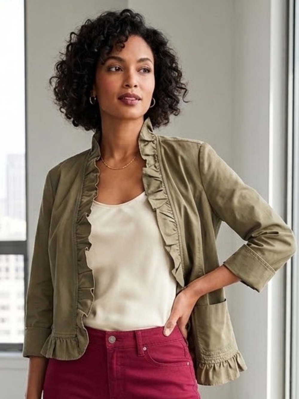 Talbots Urban Edit Ruffle Jacket Ruffle Utility Jacket in Green Size 14P Like